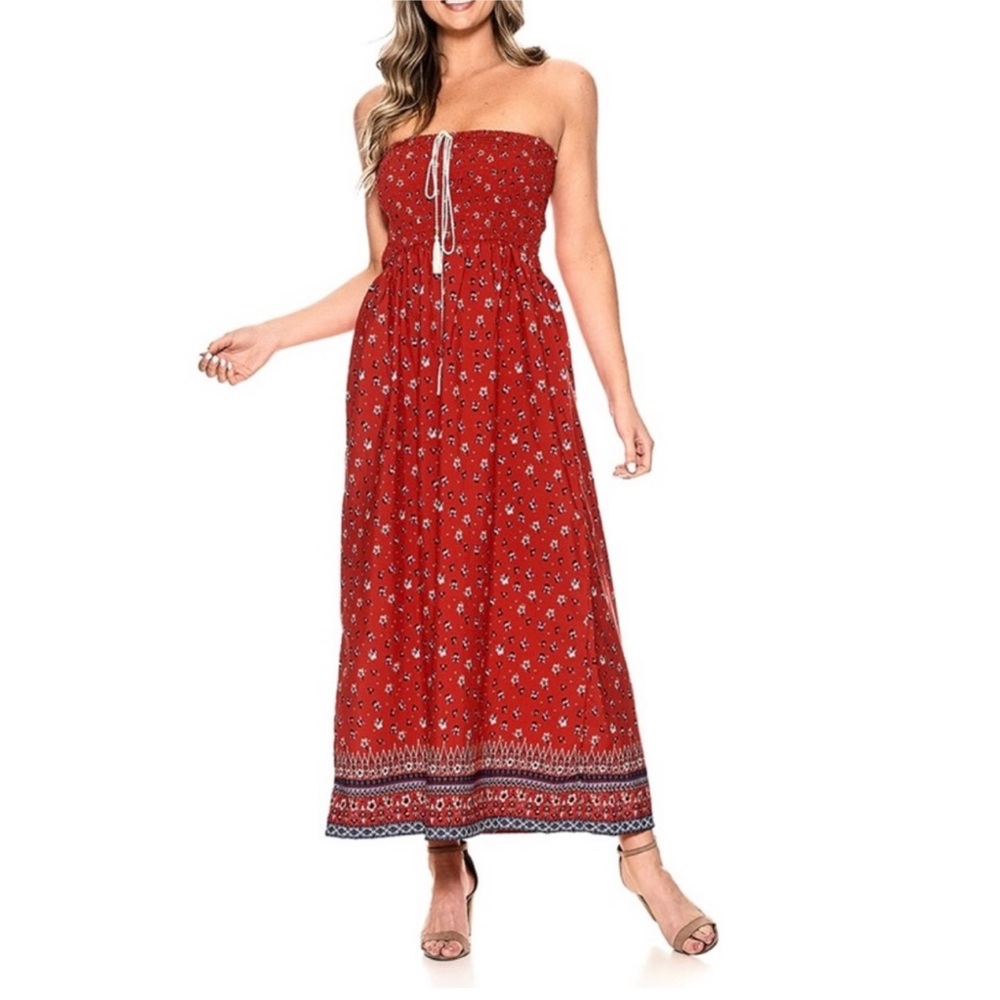 Ellen Weaver Women's Strapless Maxi Floral Dress Red/White Size S